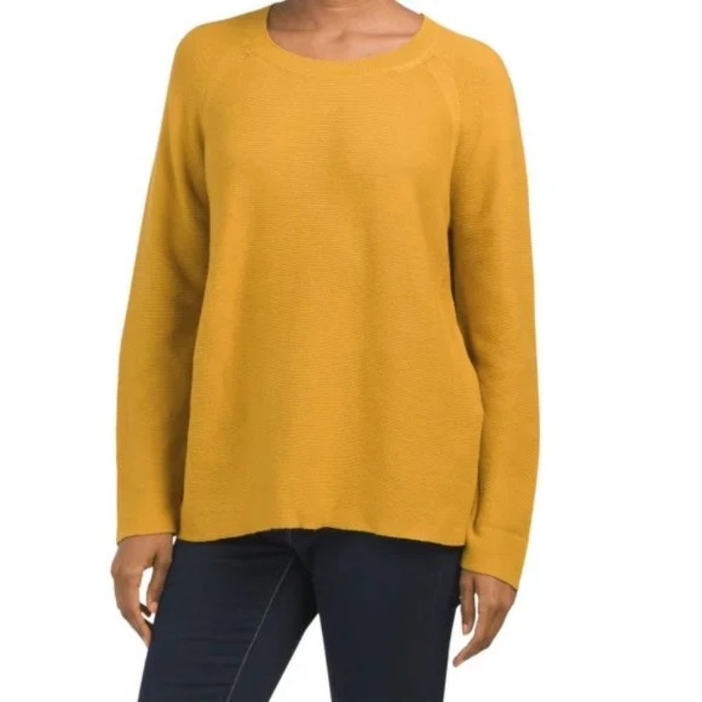 NWT Eileen Fisher Mustard Yellow Scoop Neck Cotton Sweater L/G